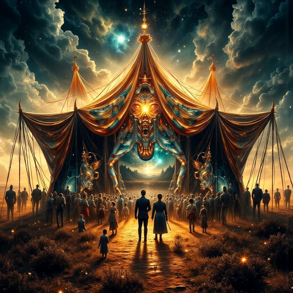 Surreal Carnival in Desolate Wasteland, Oil Painting