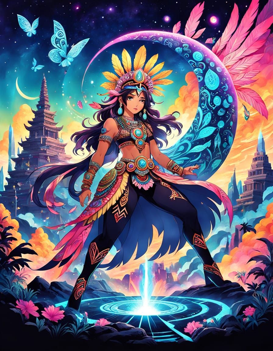 Majestic Aztec Shaman in Vibrant 80s Manga Style