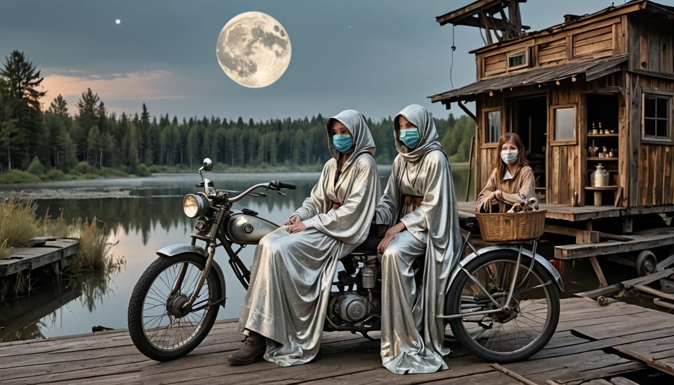 Rustic Spaceship in Galaxy with Mystical Figures