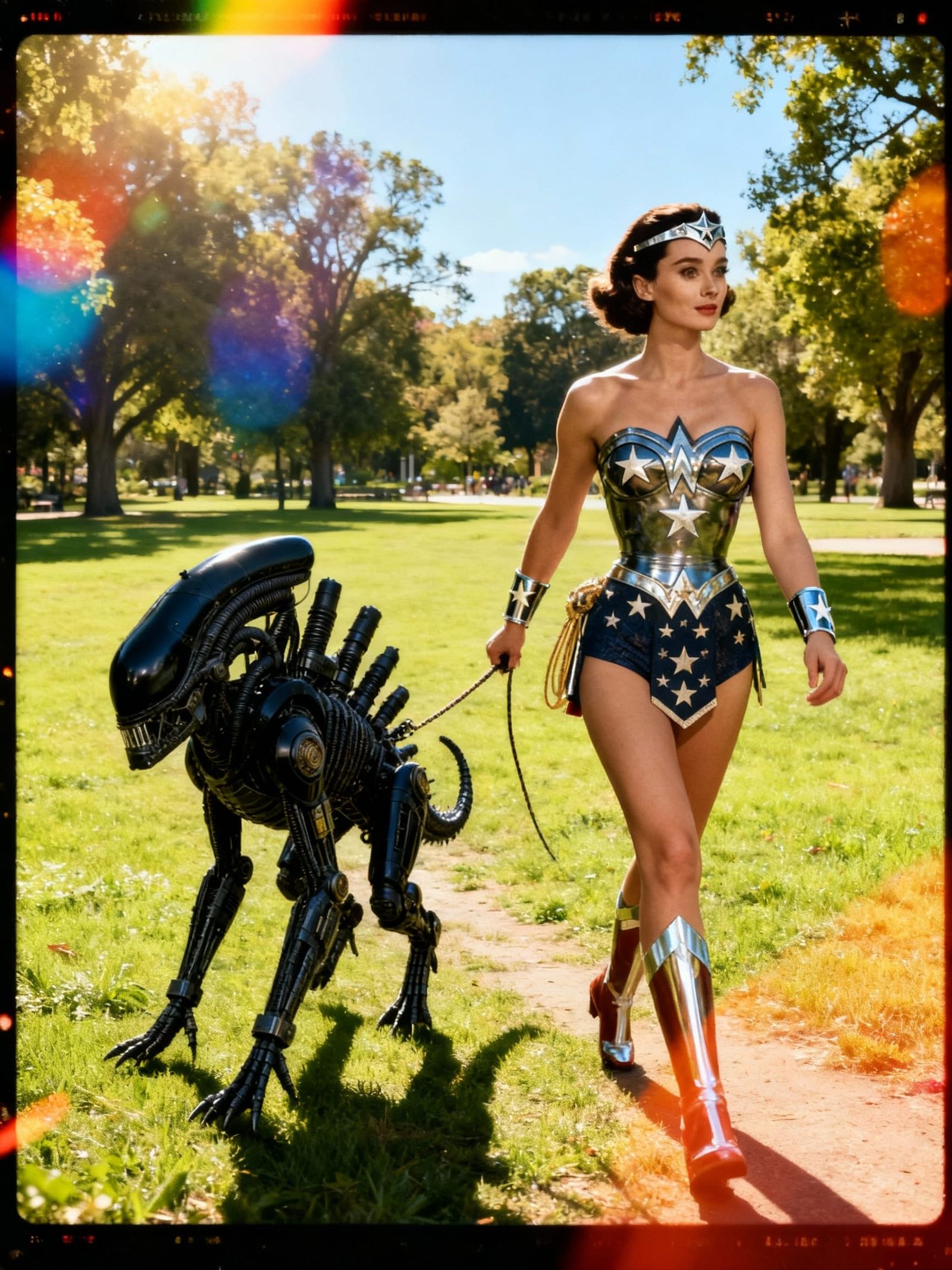 Woman Walks Creature On Lead In Sunny Park