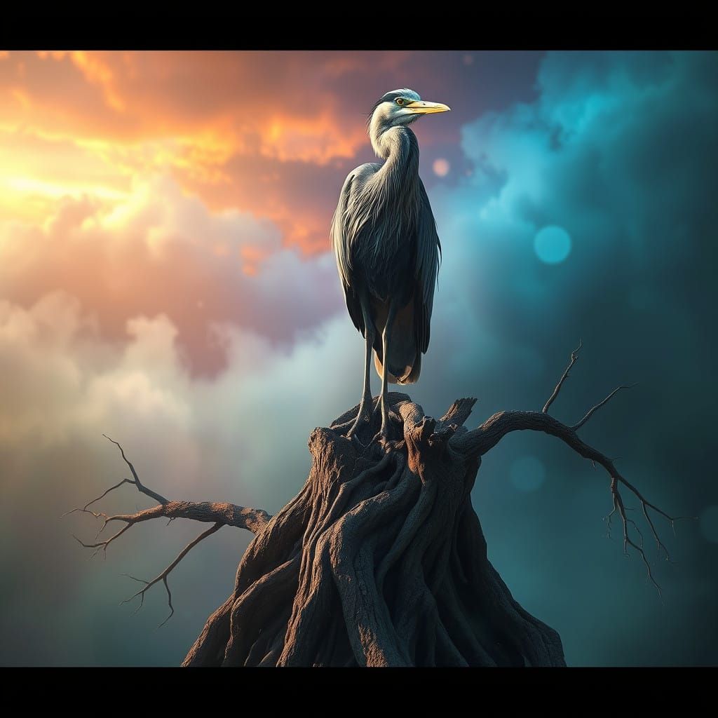 Majestic Grey Heron in Enchanted Twilight Realm