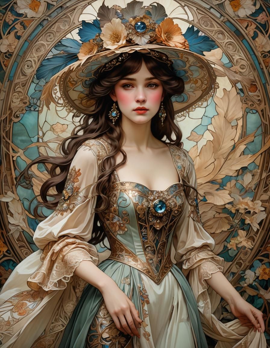 Victorian Woman with Dragon Wings in Art Nouveau Style