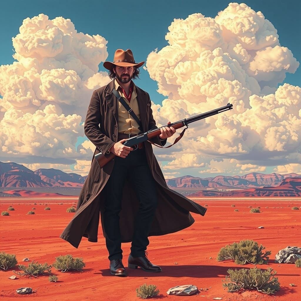 Surreal Gunslinger in Vibrant Red Desert