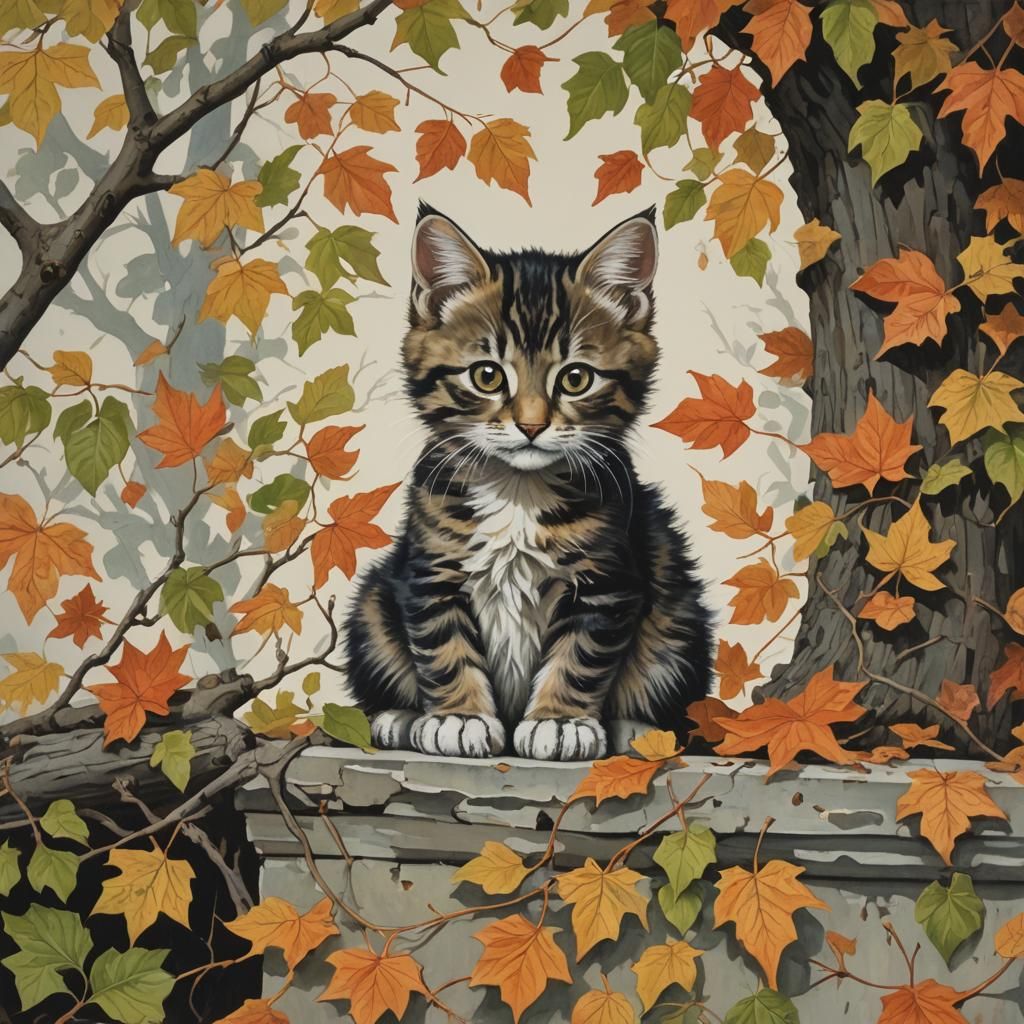Kitten Playing with Autumn Leaves: Gouache Painting