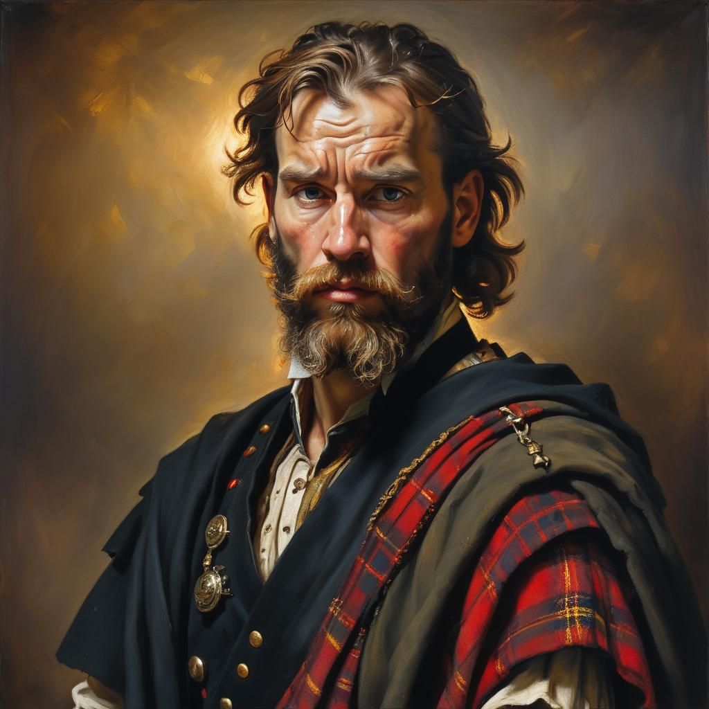 Confident Bearded Man in Kilt: Oil Painting