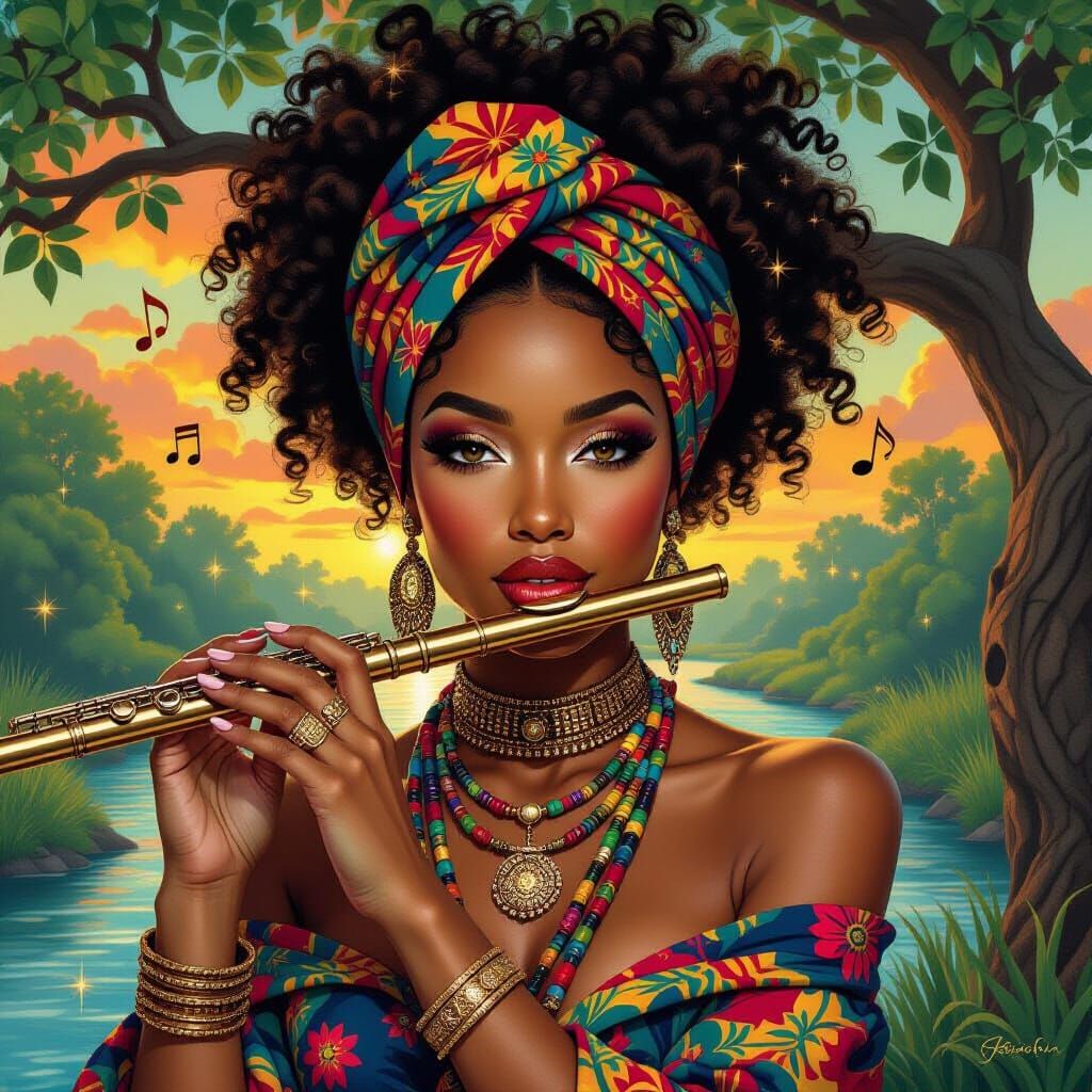 Afro-Latina Flutist Portrait with Intricate Beadwork and Riv...