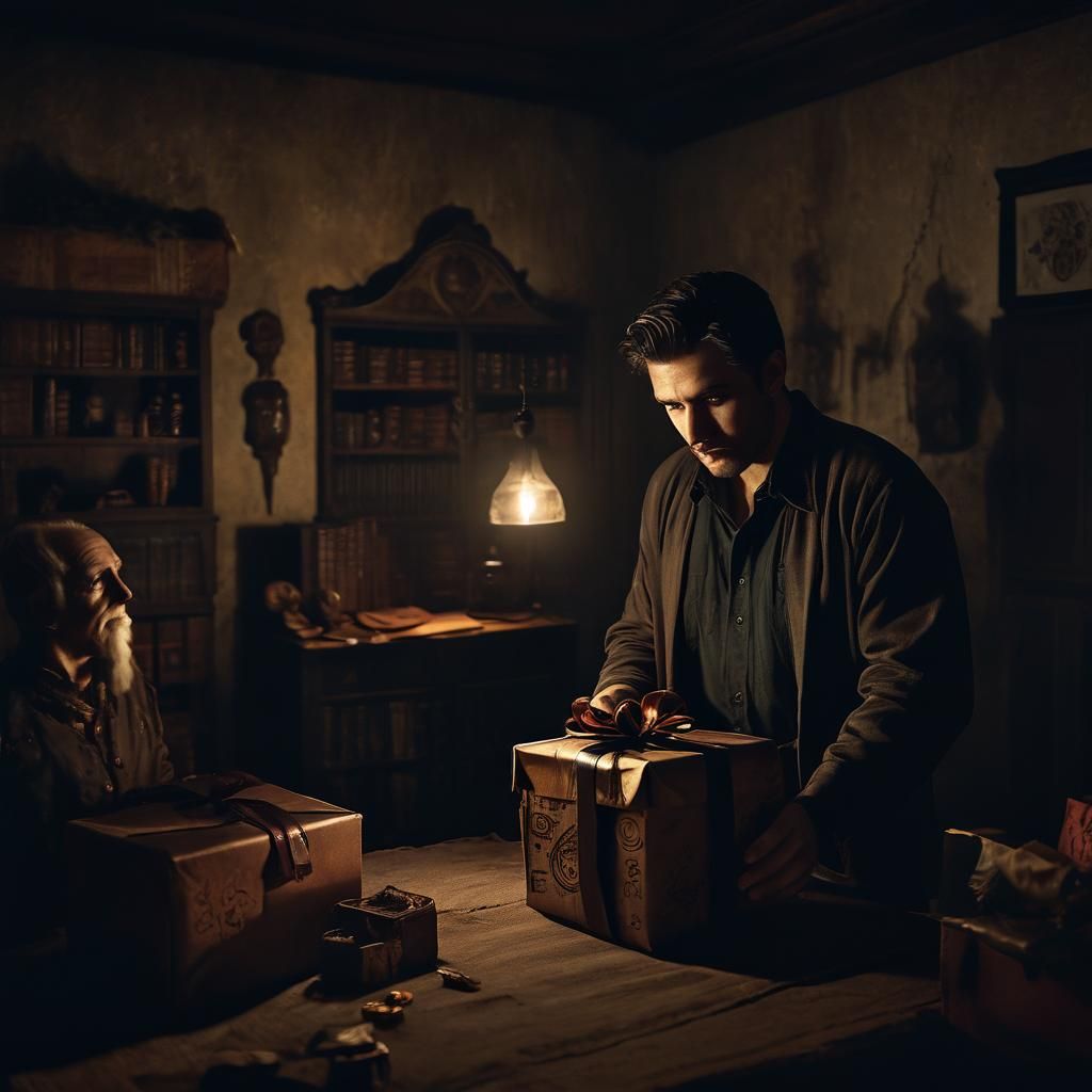 Mysterious Gift in Dimly Lit Film Still