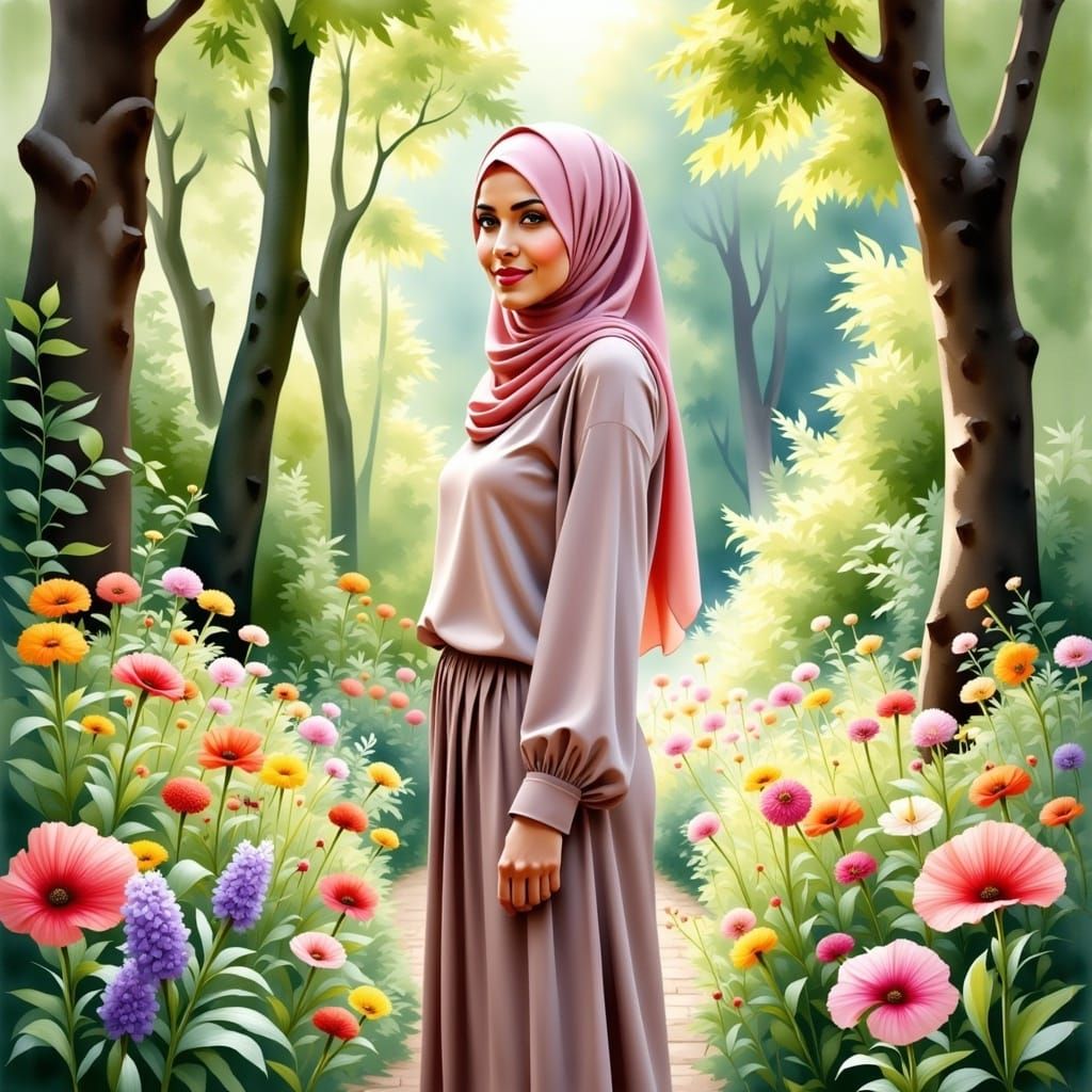 Watercolor Woman in Hijab in Botanic Garden