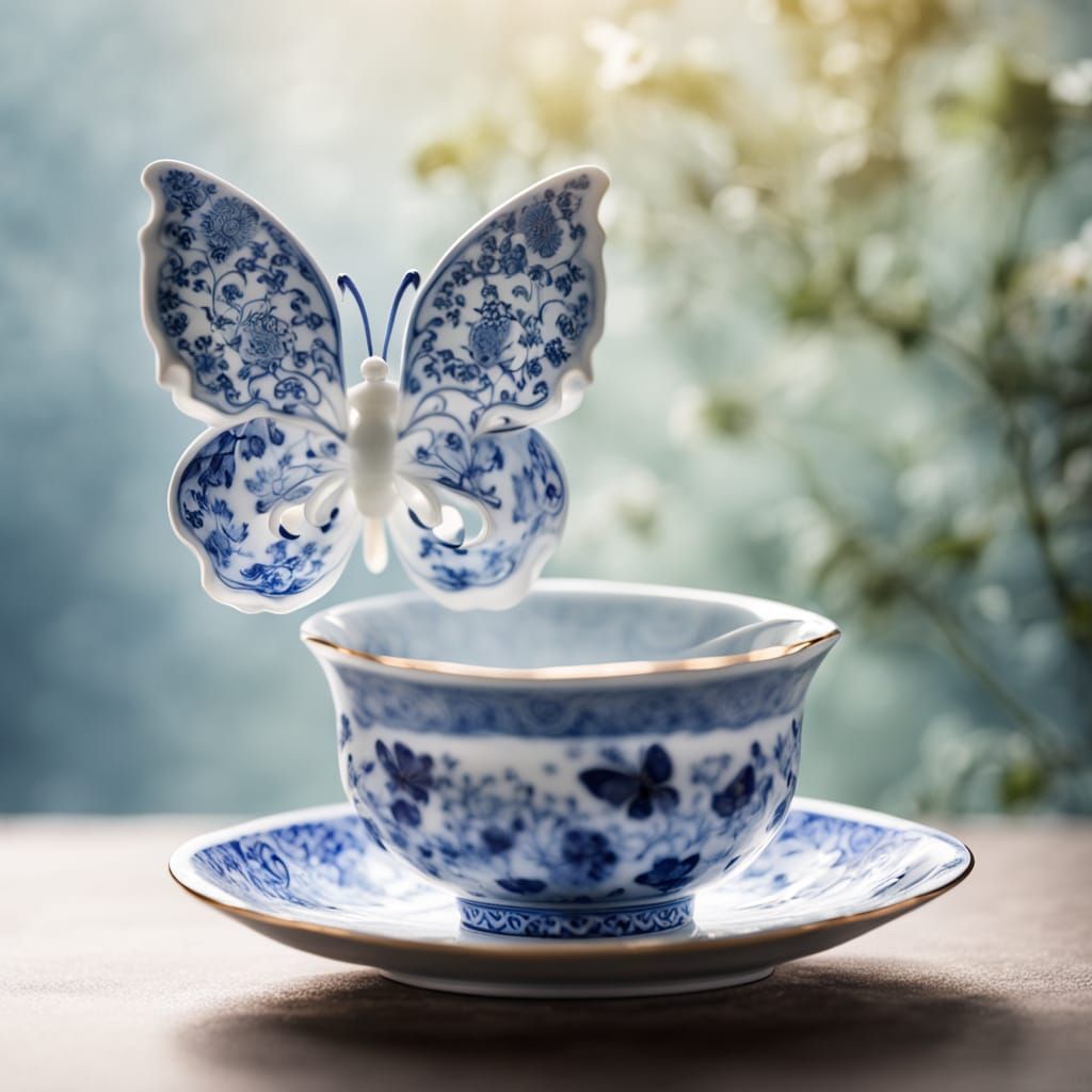 Porcelain Butterfly Over Jade Garden: Macro Photography
