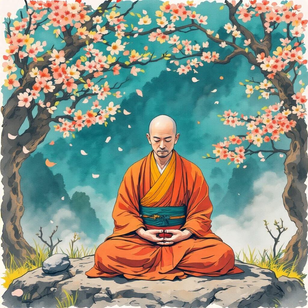 Zazen Meditation: Japanese Watercolor of Buddhist Monk