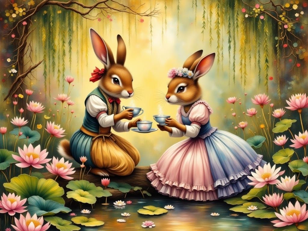 Victorian Rabbits Enjoying Tea by a Lily Pond