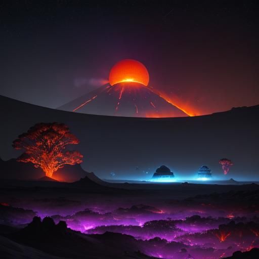 Alien in Cosmic Landscape with Spaceship and Violin