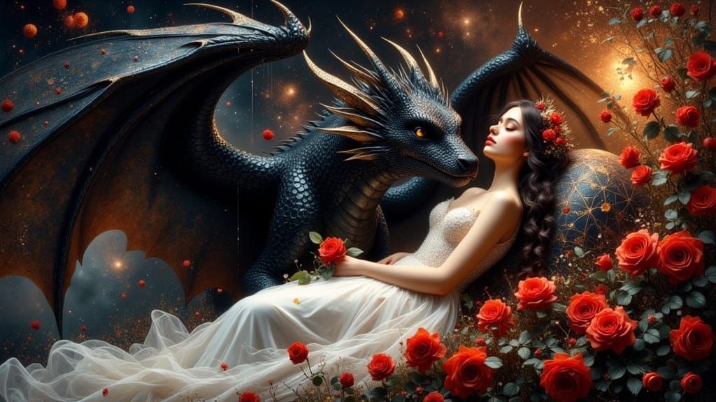 Dragon's Gentle Kiss: Sleeping Beauty Amidst Roses