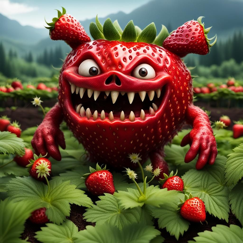 Menacing Strawberry Monster in Garden Scene