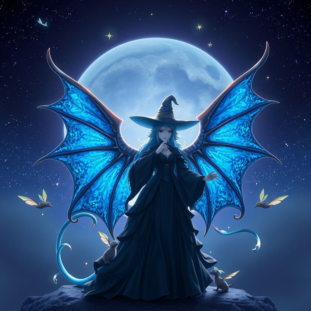 Blue Witch with Dragon Wings in Anime Art Style