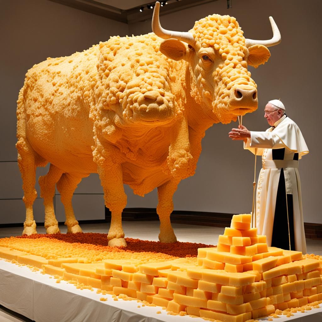 Cheddar Cheese Pope versus Giant Cow Sculpture