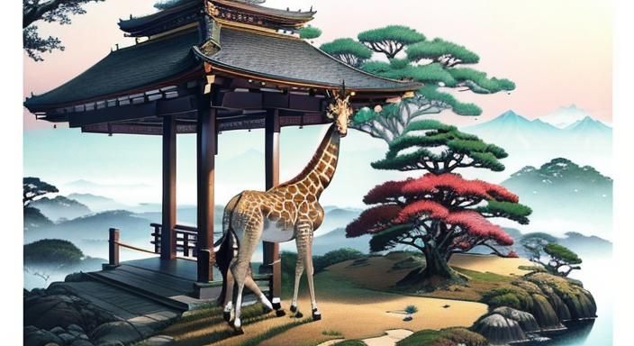 Whimsical Watercolor Giraffe Amidst Japanese Landscape