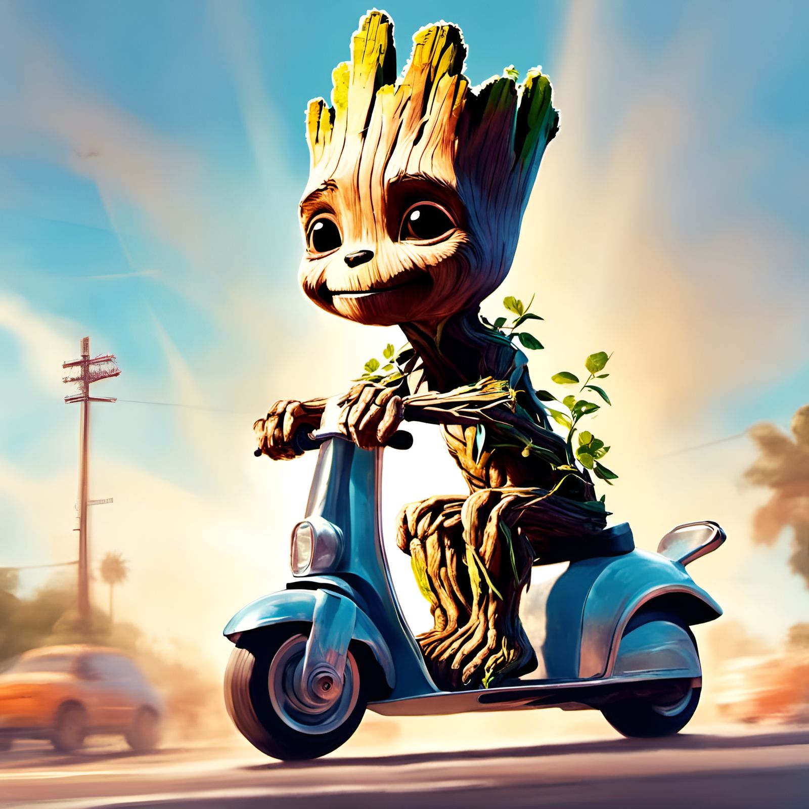 Adorable Groot on Scooter Portrait, Digital Illustration