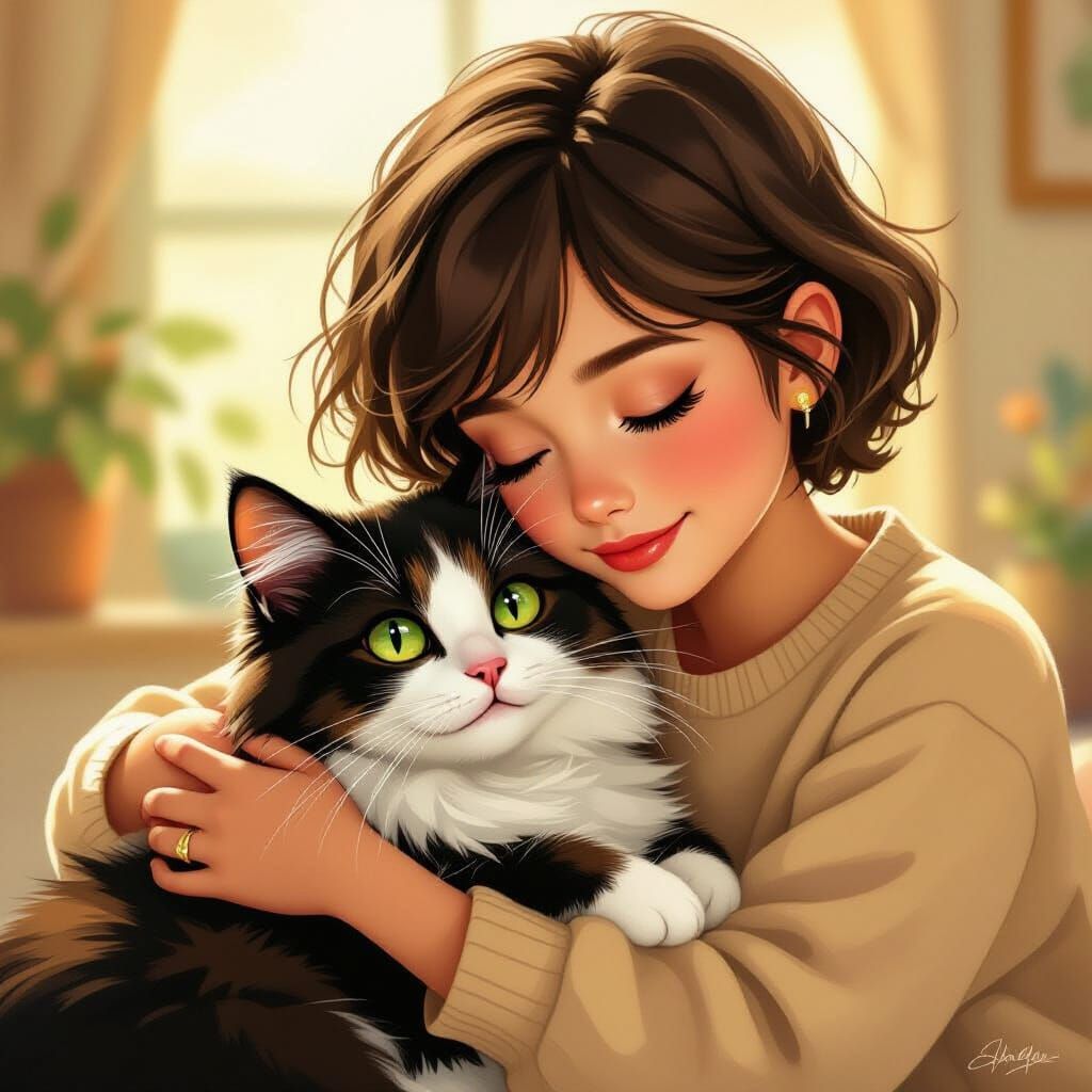 Girl Cuddles Fluffy Tuxedo Cat in Warm Painterly Style