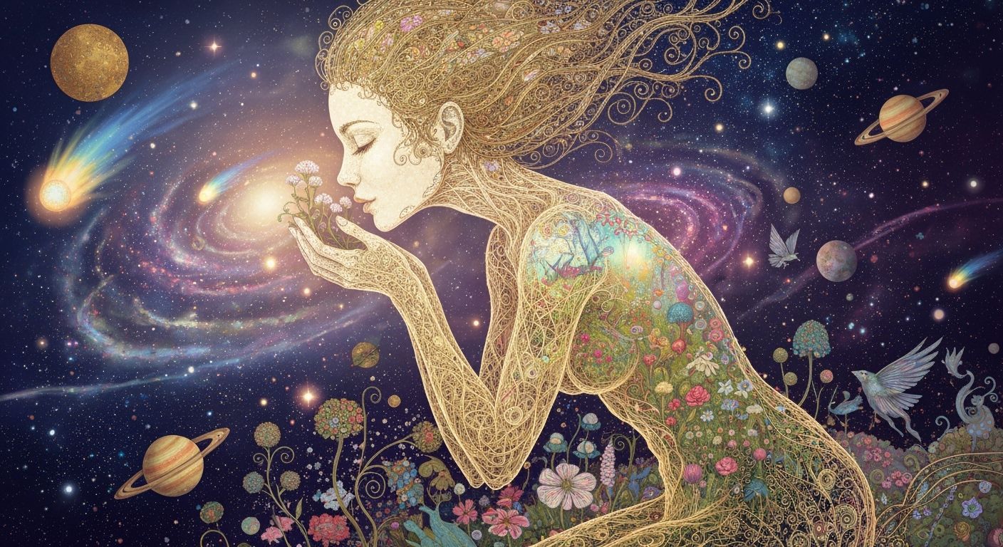 Filigree Woman Embraces Surreal Garden in Ethereal Glow