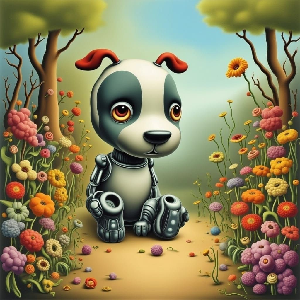 Cute Robot Dog in Whimsical Flower Garden