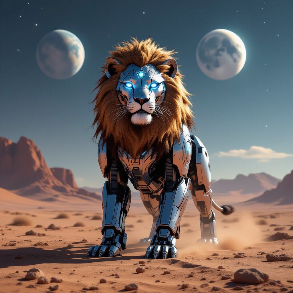 Robotic Lion on Alien Planet in Digital Matte Painting