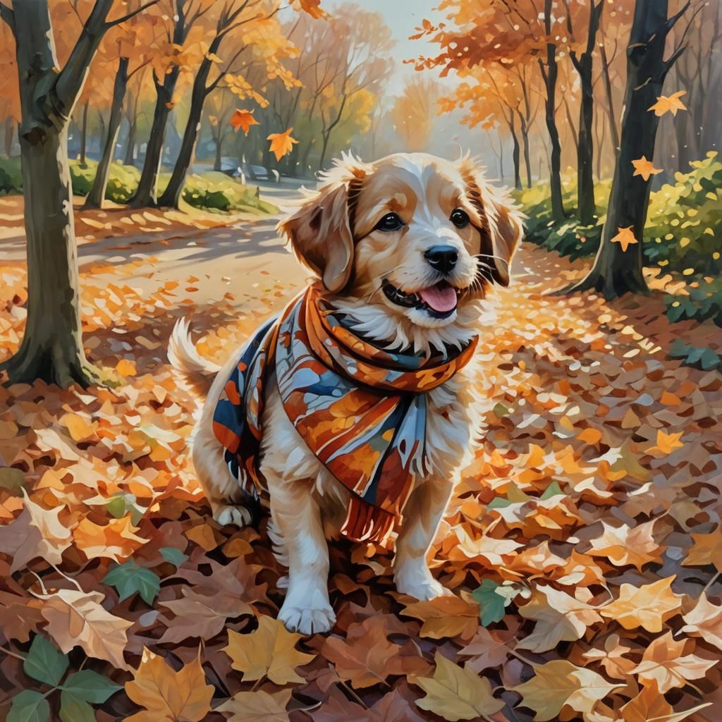 Puppy's Joyful Frolic: An Impressionist Autumn Painting