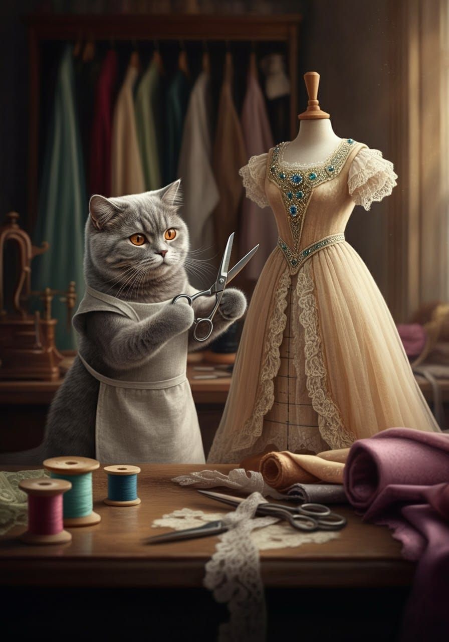 Grey Cat Tailor Adjusts Gown in Elegant Studio