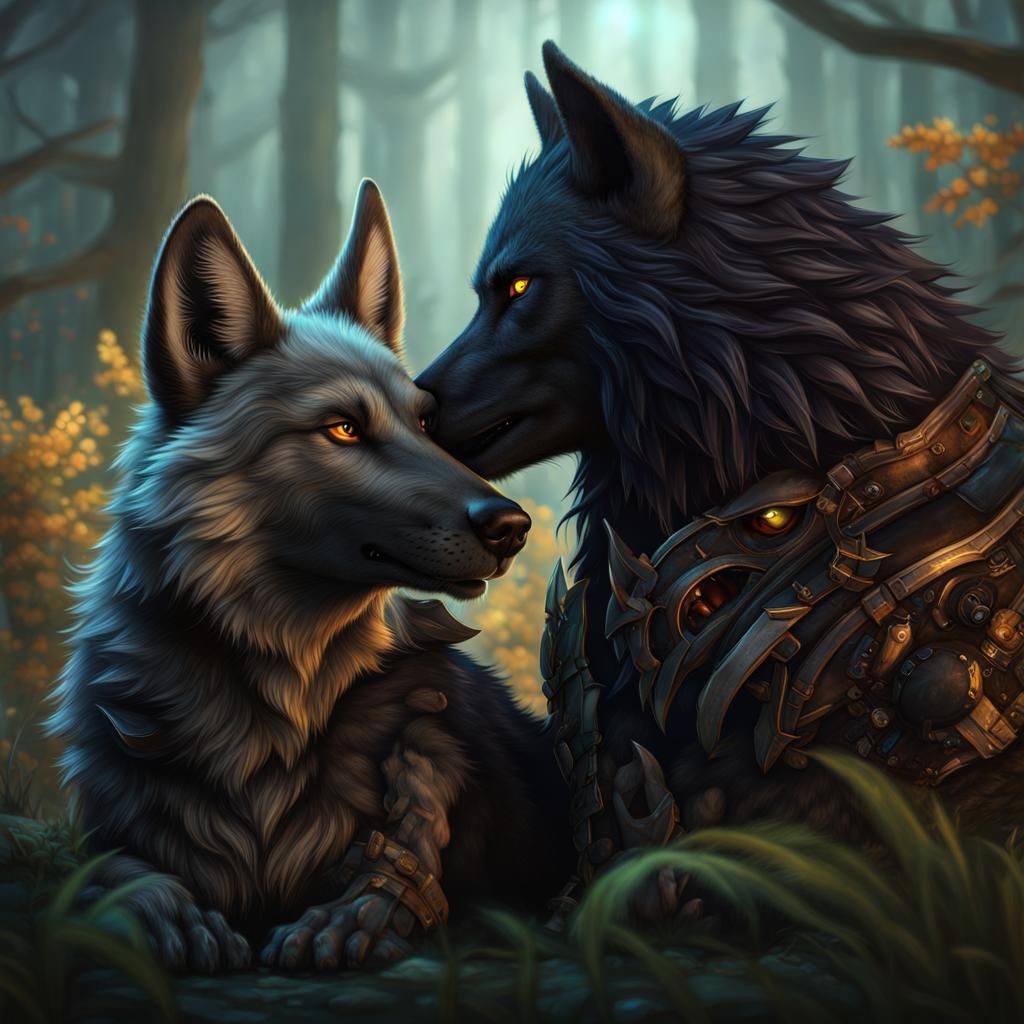 Furry Black Wolf and Hyena Embrace: Fantasy Art