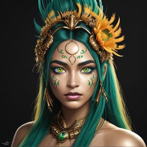 Sci-Fi Comic Art: Golden Woman with Peacock Feathers