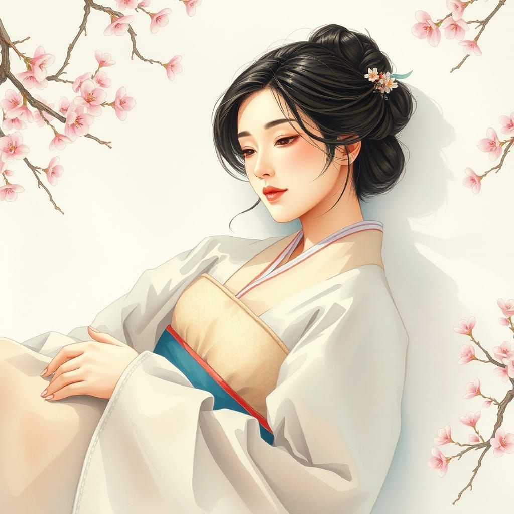 Serene Korean Beauty in Watercolor Dreamscape