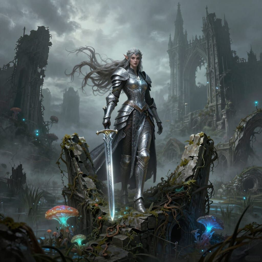 Elven Warrior on Gothic Citadel, Misty Swamp Below