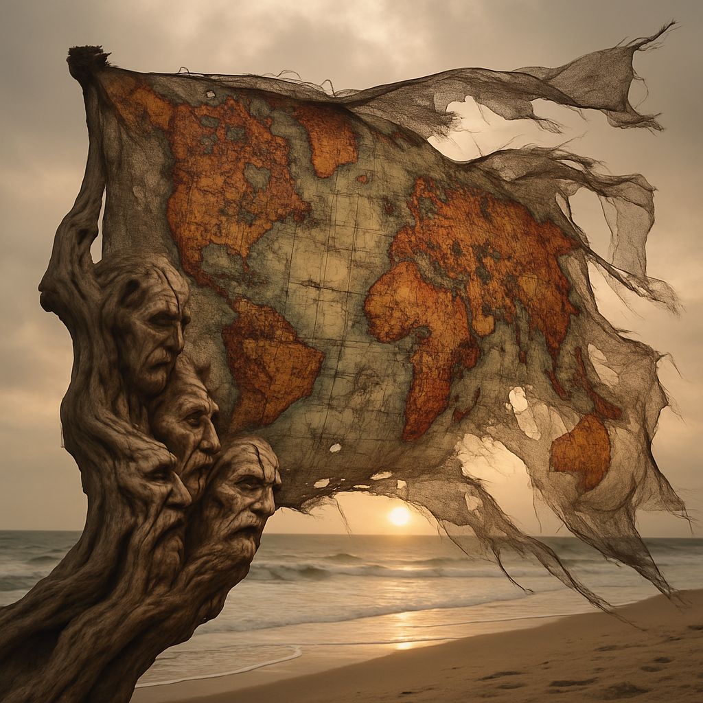Driftwood Curling Eroded Olde-World Map, Charred and Rusty