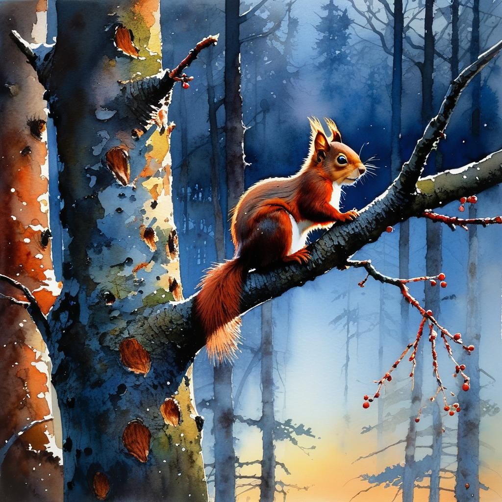 Red Squirrel Climbing Tree: Watercolor Art Brut Painting