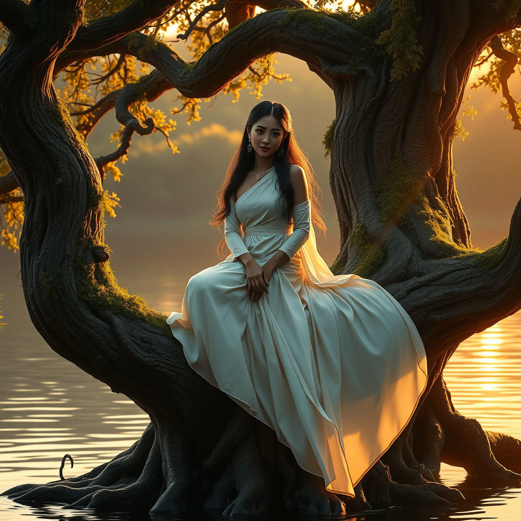 Elegant Thai Woman in Mystic Lakeside Scene