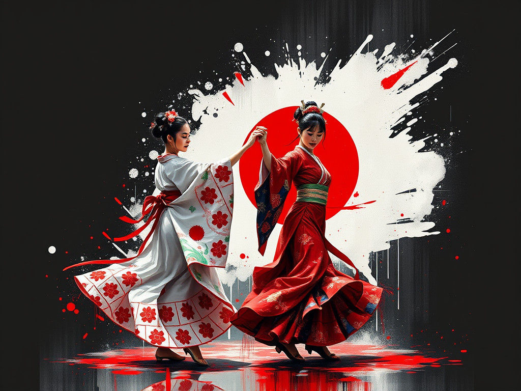 Japanese Women Dancing in Traditional Impasto Art