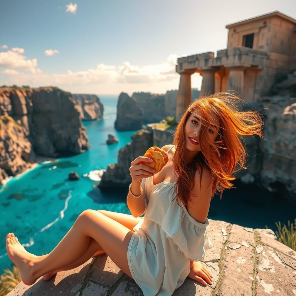 Woman Surrounded by Ancient Temple and Turquoise Seas