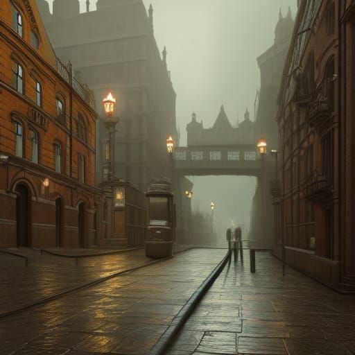 Misty London Street in Detailed Matte Painting Style