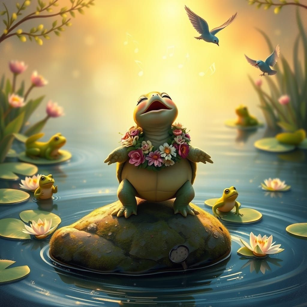 Singing Turtle in Pond: A Whimsical Illustration