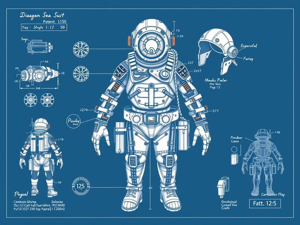 Vintage Industrial-Style Deep Sea Diving Suit Blueprint