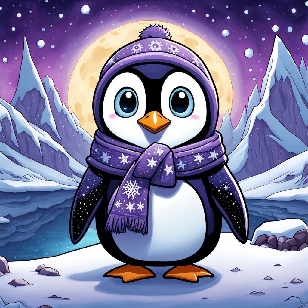 Penguin in Winter Wonderland: Watercolor Art