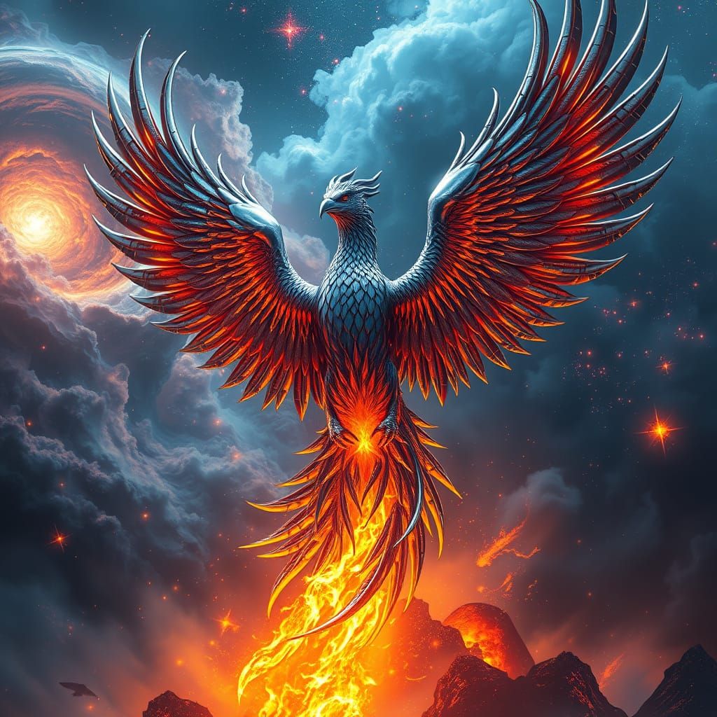 Chrome Phoenix Rising: Metallic Bird in Cosmic Scene