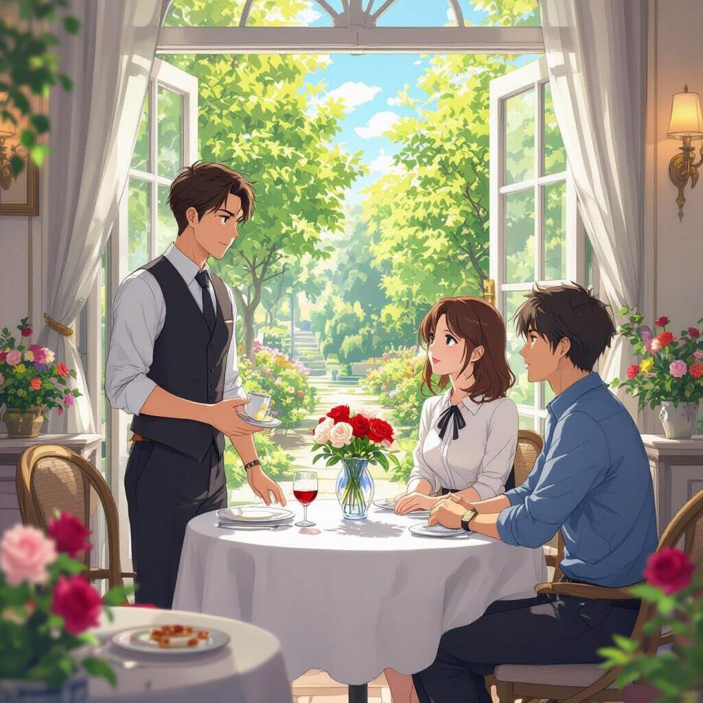 Anime Restaurant Scene with Lush Garden View