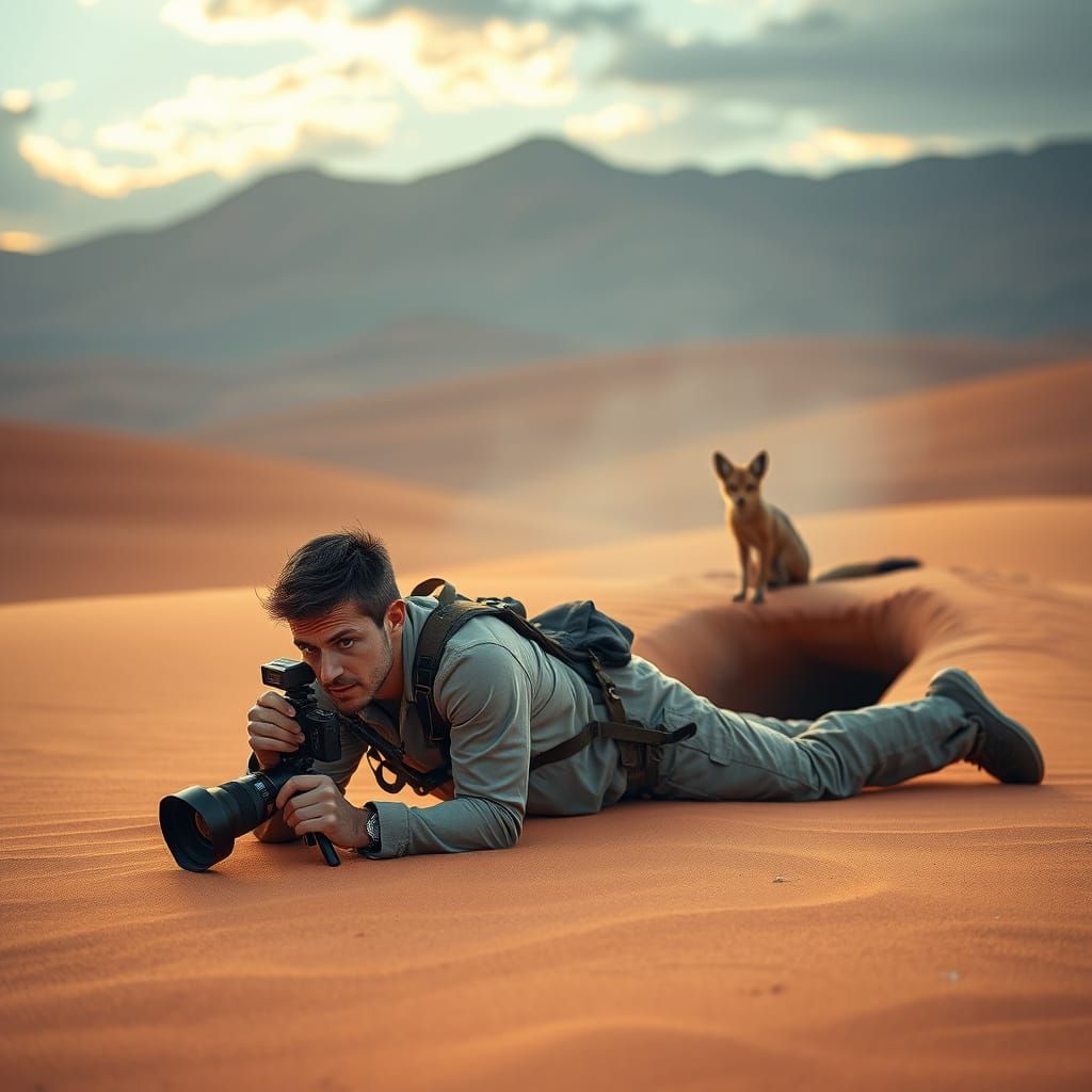 Photographer in Desert Landscape, Hyperrealistic Digital Art
