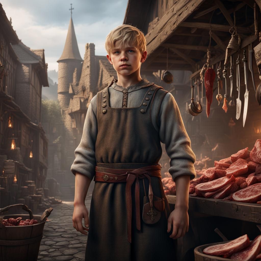 Medieval Butcher Boy in Detailed Matte Painting
