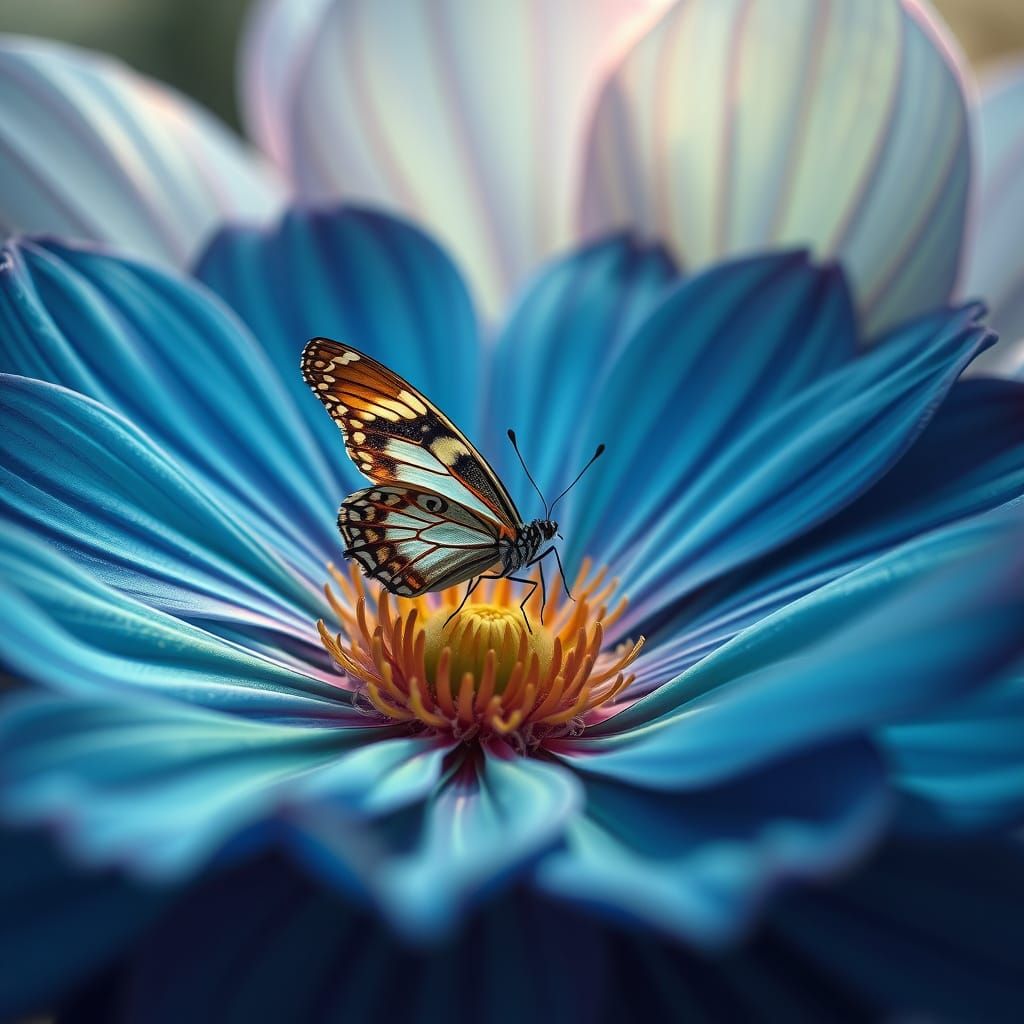 Butterfly on Blue Flower in Art Nouveau Style
