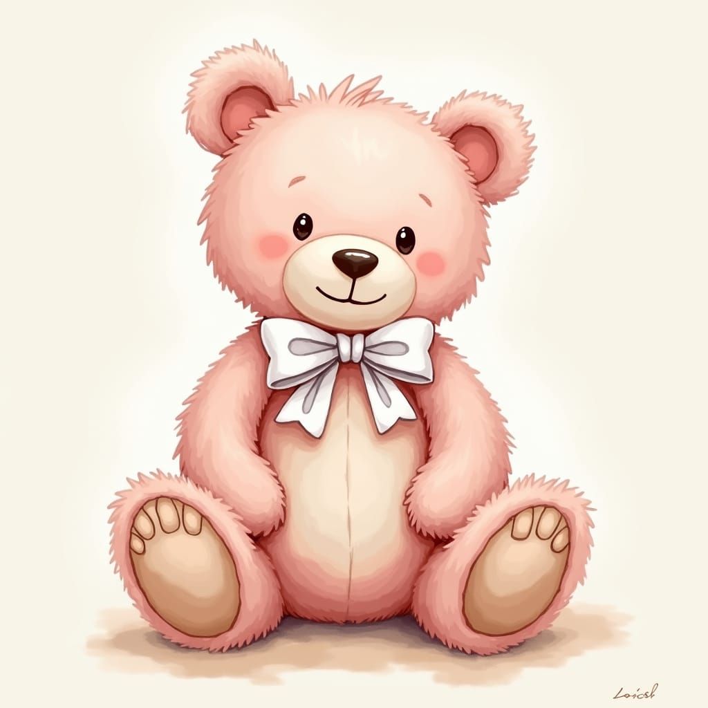 Pastel Pink Teddy Bear in Watercolor Illustration Style
