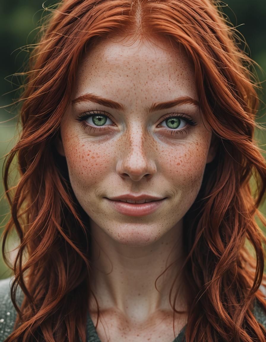 flawless girl, green eyes, red hair, freckles