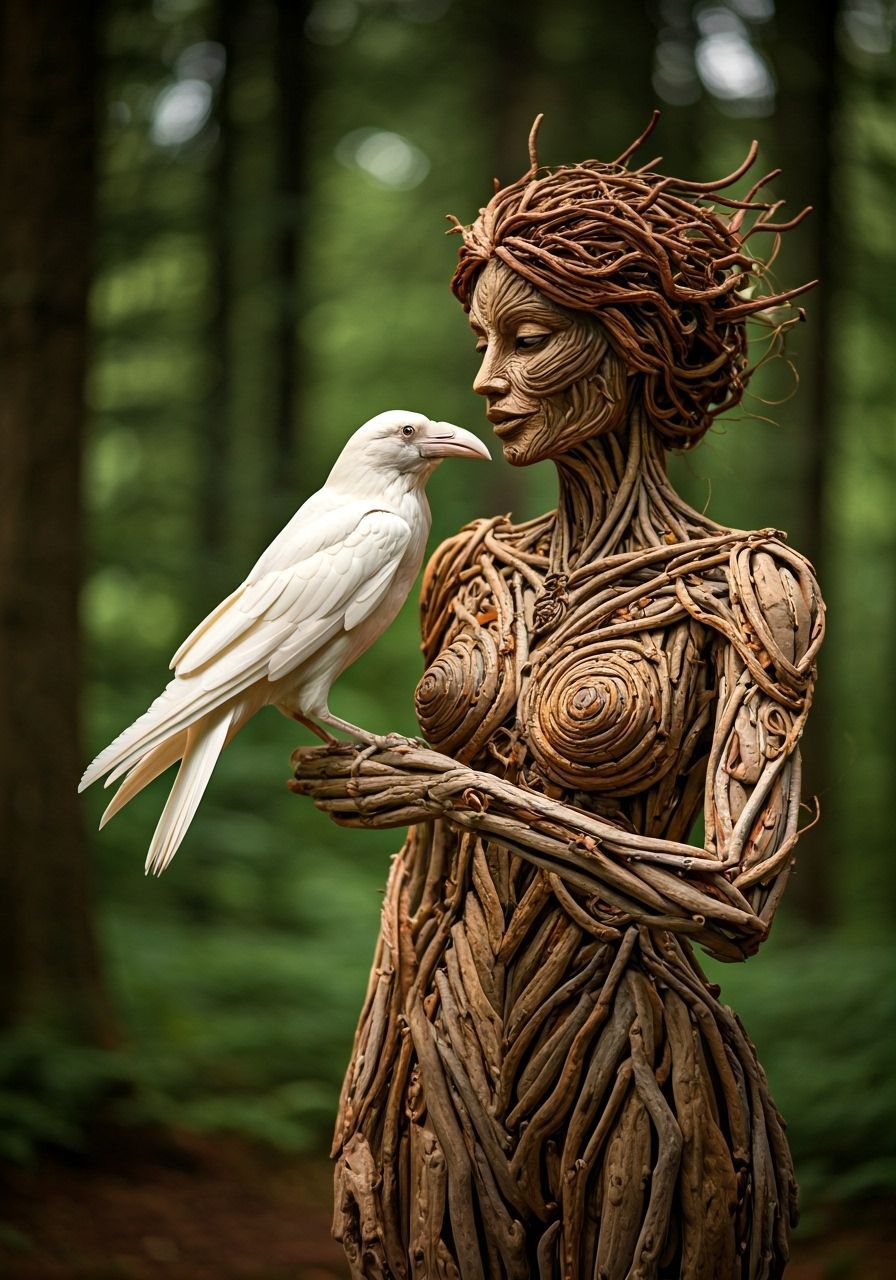 Albino Raven and Dryad Sculpture in Sunlight