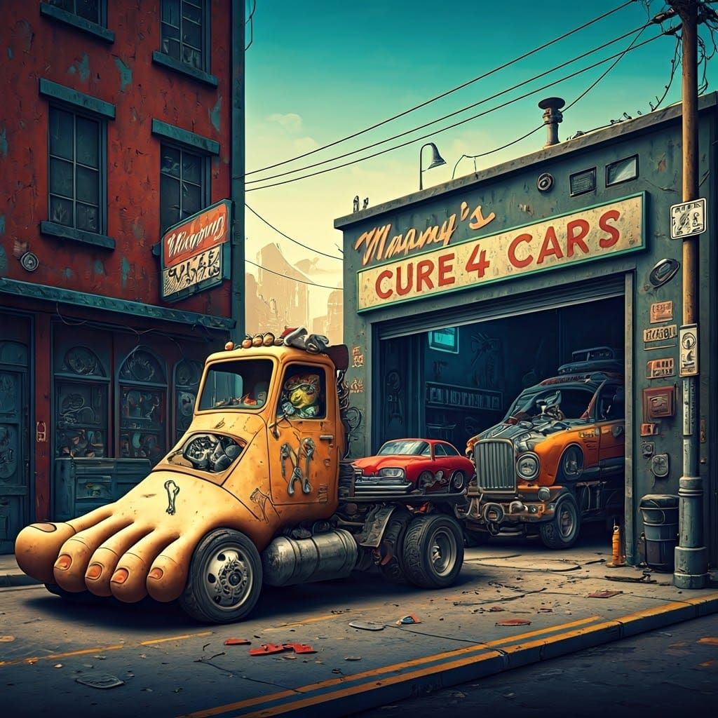 Whimsical Foot-Shaped Tow Truck in Detailed Illustration